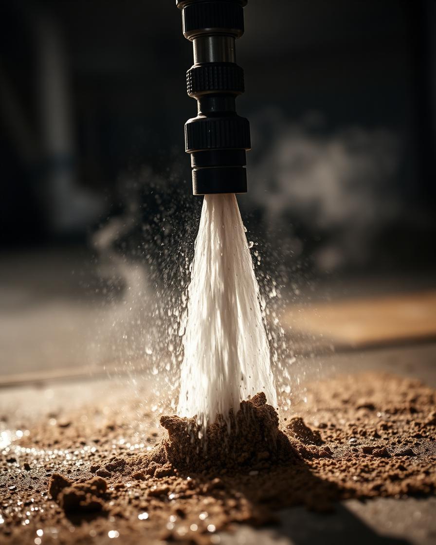 High pressure water nozzle blasting dirt off concrete